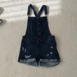 Dark Blue Rolled Hem Distressed Denim Overall